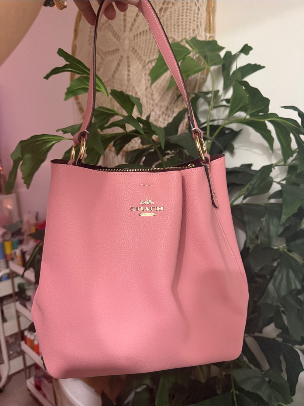 Coach Pink Pebbled Leather Shoulder Bag with Gold Hardware